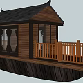 Traditional Chinese Wooden Pavilion With Black Roof And Balcony Under Blue Sky White Clouds