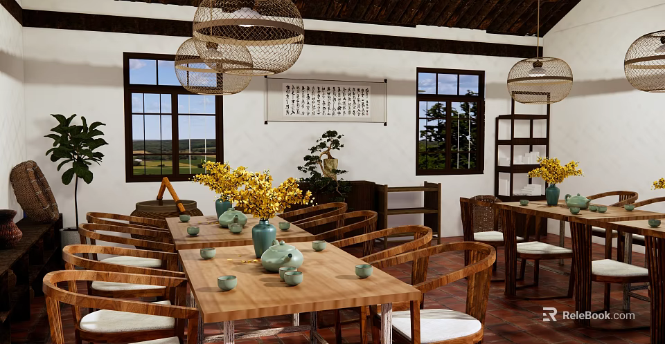 Traditional Restaurant Interior With Wooden Tables Chairs Green Vases Yellow Flowers Hanging Lamps And Calligraphy Scroll 3d model 