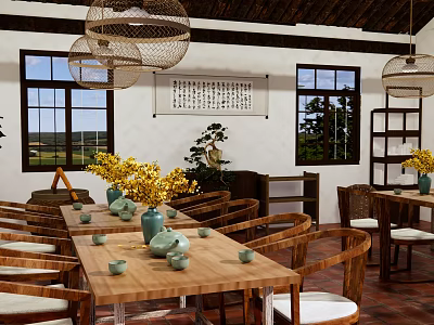 Traditional Restaurant Interior With Wooden Tables Chairs Green Vases Yellow Flowers Hanging Lamps And Calligraphy Scroll 3d model