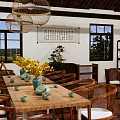 Traditional Restaurant Interior With Wooden Tables Chairs Green Vases Yellow Flowers Hanging Lamps And Calligraphy Scroll