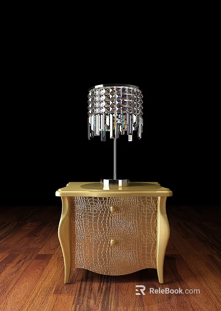 Elegant Crocodile Texture Nightstand With Silver Hanging Crystal Table Lamp 3d model 