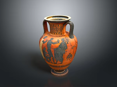 Ancient Greek Style Amphora Sculpture With Black Figure Decoration And Two Handles 3d model