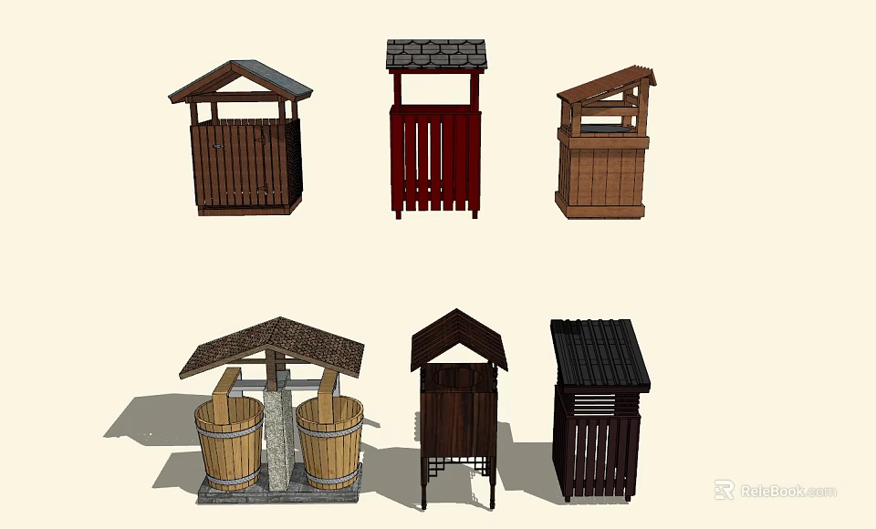 Various Public Facility Designs Including Trash Bins And Water Fountains 3d model 