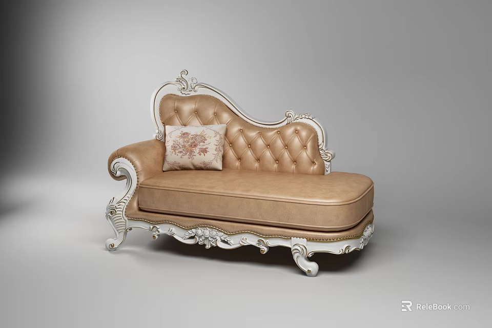 Elegant Chaise Lounge with Brown Leather Upholstery Ornate Carved Silver Accents and Decorative Floral Pillow 3d model 