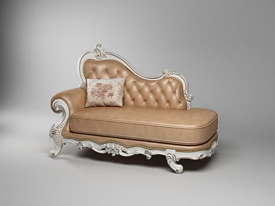 Elegant Chaise Lounge with Brown Leather Upholstery Ornate Carved Silver Accents and Decorative Floral Pillow 3d model
