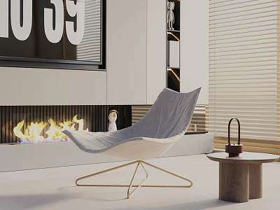 Modern Gray Leisure Chair in Living Room with Fireplace and Wooden Side Table 3d model