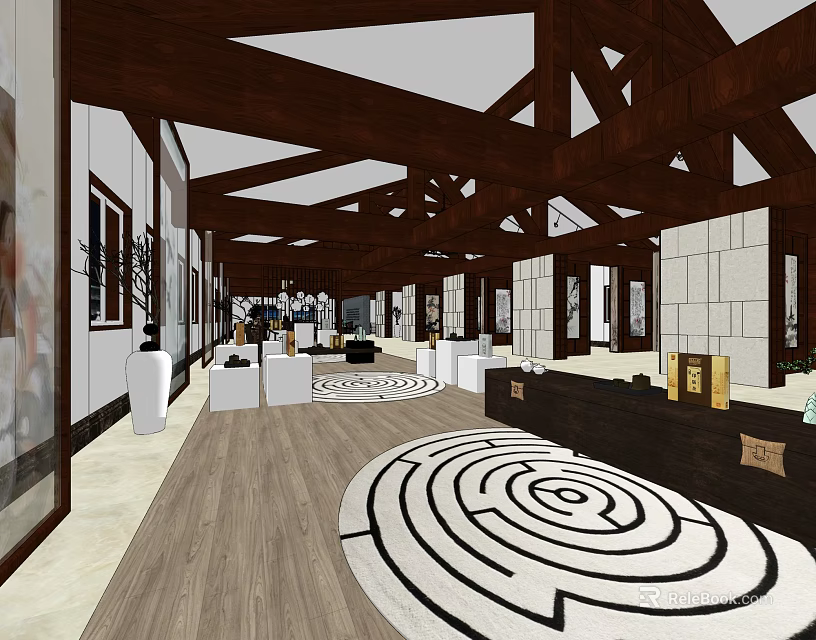 Spacious Interior Hall With Wooden Beam Ceiling And Black White Spiral Rug 3d model 
