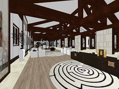 Spacious Interior Hall With Wooden Beam Ceiling And Black White Spiral Rug 3d model