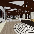 Spacious Interior Hall With Wooden Beam Ceiling And Black White Spiral Rug