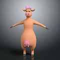 Cartoon Pig Game Movie Character With Pink Horns Blue Eyes Arms Outstretched And Gray Shoes