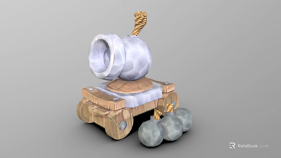 Medieval Stone Weapon Launcher Featuring Wooden Base Wheels Rope And Stone Balls 3d model 