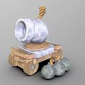 Medieval Stone Weapon Launcher Featuring Wooden Base Wheels Rope And Stone Balls