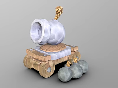 Medieval Stone Weapon Launcher Featuring Wooden Base Wheels Rope And Stone Balls 3d model