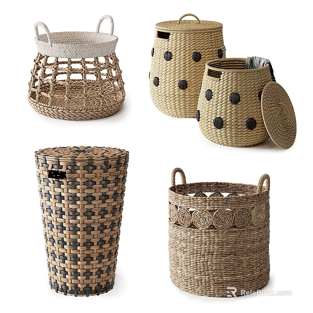 Woven Storage Baskets with Various Designs Including Openwork and Lid Styles 3d model