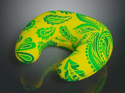 Yellow U Shaped Pillow With Green Leaf Patterns And Soft Surface 3d model