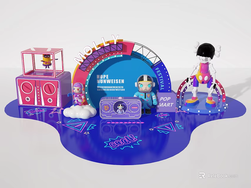 Vibrant Interactive Zone with POP MART Characters Stage Speaker and Cloud Decorations 3d model