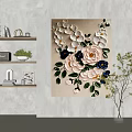 Textured Botanical Painting With White Pink Blue Flowers Green Leaves On Beige Canvas Wall Art
