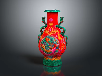 Traditional Chinese Red Vase With Intricate Dragon Patterns And Green Accents 3d model