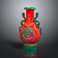 Traditional Chinese Red Vase With Intricate Dragon Patterns And Green Accents