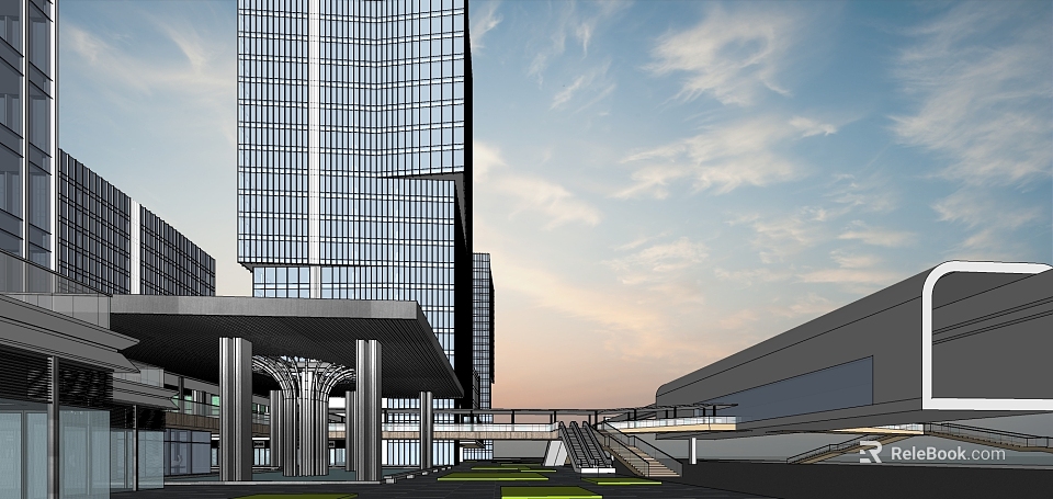Modern High Rise Office Building With Glass Curtain Wall Skybridge And Greenery Plaza At Sunset 3d model 