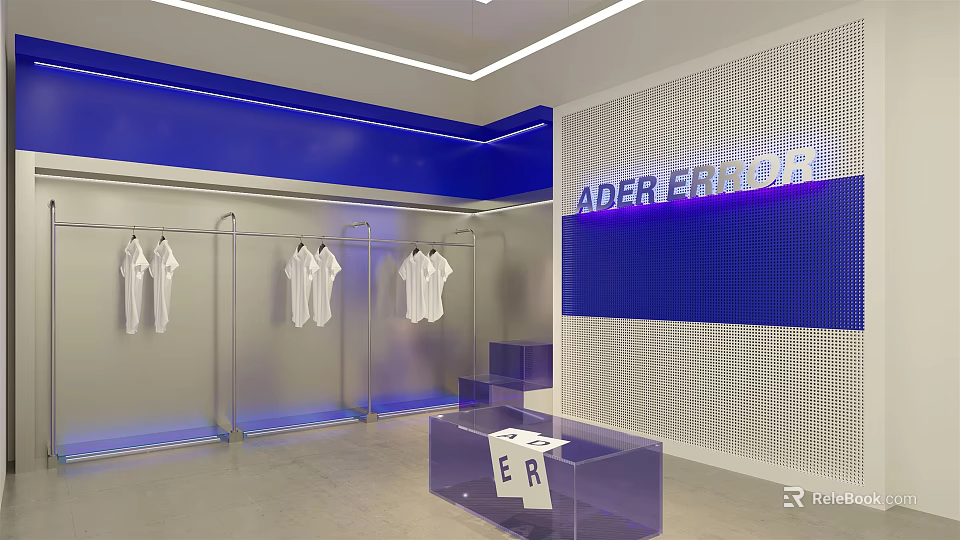 ADFER ERROR Clothing Store With White Shirts Transparent Hangers Blue Wall And Purple 3d model 