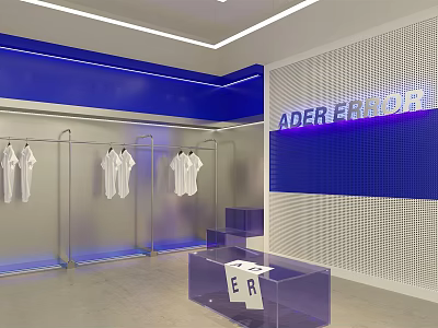 ADFER ERROR Clothing Store With White Shirts Transparent Hangers Blue Wall And Purple 3d model