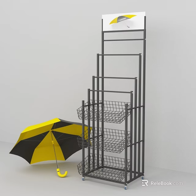 Sturdy Metal Display Shelf with Multiple Wire Baskets and Yellow Black Umbrella 3d model