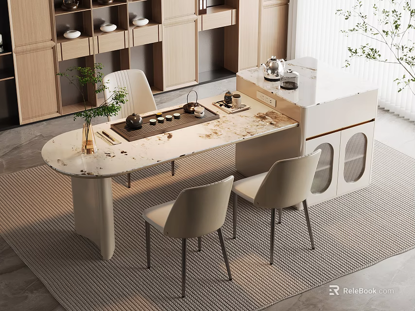 Elegant Modern Tea Table and Chairs with Marble Top Beige Upholstered Seats Tea Set Tray 3d model 