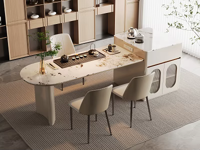 Elegant Modern Tea Table and Chairs with Marble Top Beige Upholstered Seats Tea Set Tray 3d model