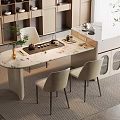 Elegant Modern Tea Table and Chairs with Marble Top Beige Upholstered Seats Tea Set Tray