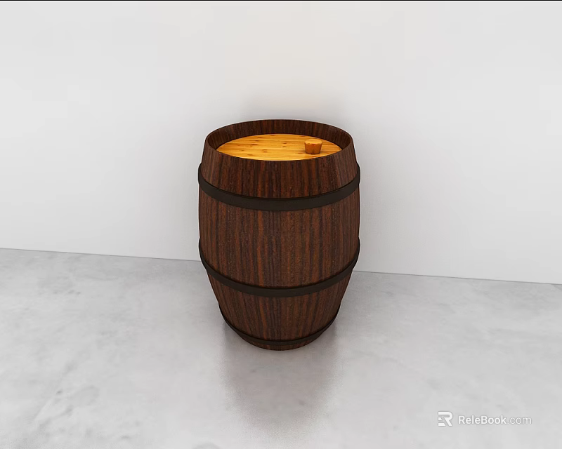 Brown Wooden Barrel with Black Hoops on Gray Floor and White Wall Background 3d model 