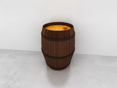 Brown Wooden Barrel with Black Hoops on Gray Floor and White Wall Background 3d model