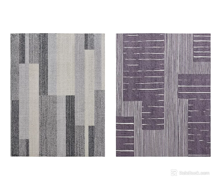 Gray and Purple Square Area Rugs with Geometric Patchwork and Striped Patterns 3d model