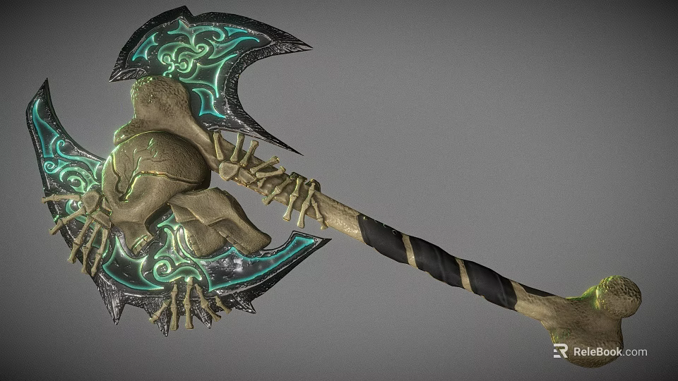 Mythical Axe Weapon With Green Glowing Patterns Skull Design And Bone Handle 3d model