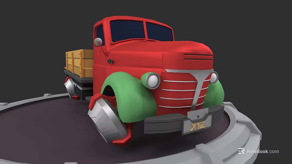 Red Cartoon Truck With Green Silver Wheels And Yellow Boxes On Bed 3d model 