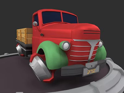 Red Cartoon Truck With Green Silver Wheels And Yellow Boxes On Bed 3d model