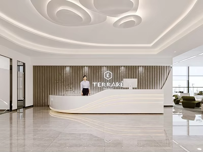 Modern Reception Desk Interior With TERRAVAKE Logo Circular Ceiling Lights And Marble Floor 3d model