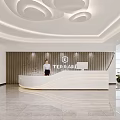 Modern Reception Desk Interior With TERRAVAKE Logo Circular Ceiling Lights And Marble Floor