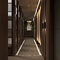 Modern Clubhouse Interior With Wooden Shelves Stone Wall Pebble Path And Green Plants