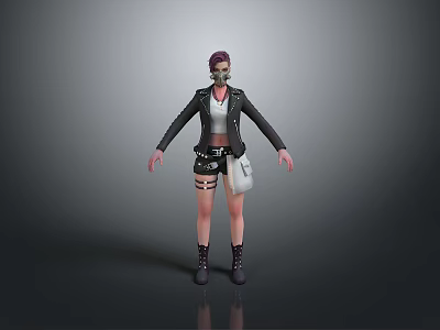 3D Character Model With Purple Hair Gas Mask And Tactical Outfit Design 3d model