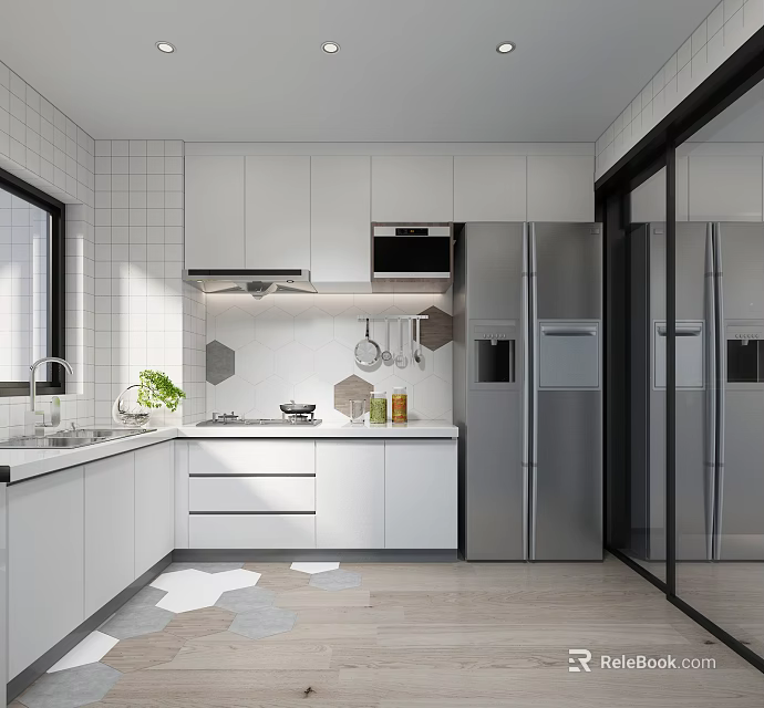 Modern Kitchen Interior Design With White Cabinets Stainless Steel Refrigerator Hexagonal Tiles And Wooden Floor 3d model 