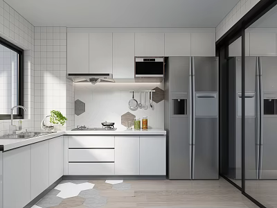 Modern Kitchen Interior Design With White Cabinets Stainless Steel Refrigerator Hexagonal Tiles And Wooden Floor 3d model
