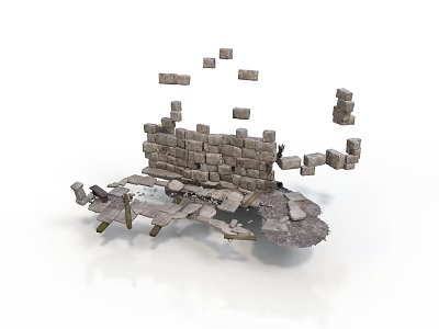 3D Render Of Broken Stone Wall With Collapsing Blocks And Flying Stones 3d model