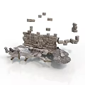 3D Render Of Broken Stone Wall With Collapsing Blocks And Flying Stones