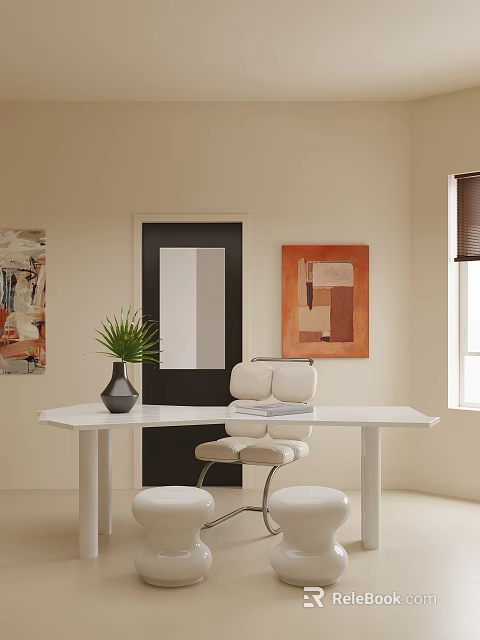 Modern White Desk Setup With Green Plant Vase White Chair And Decorative Paintings 3d model 