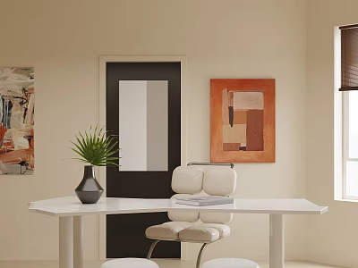 Modern White Desk Setup With Green Plant Vase White Chair And Decorative Paintings 3d model