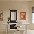 Modern White Desk Setup With Green Plant Vase White Chair And Decorative Paintings