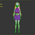 Game Movie Character With Pink Hair In Blue Plaid Crop Top And Skirt