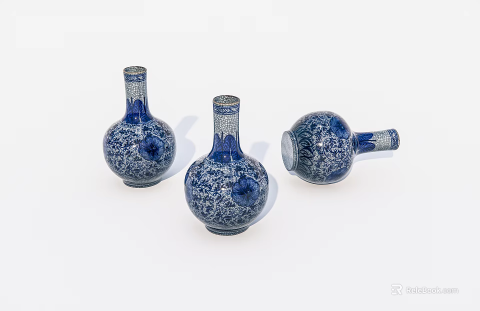 Blue And White Ceramic Vases With Intricate Patterns And Round Body Design 3d model 