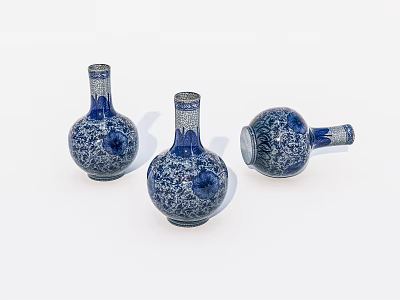 Blue And White Ceramic Vases With Intricate Patterns And Round Body Design 3d model